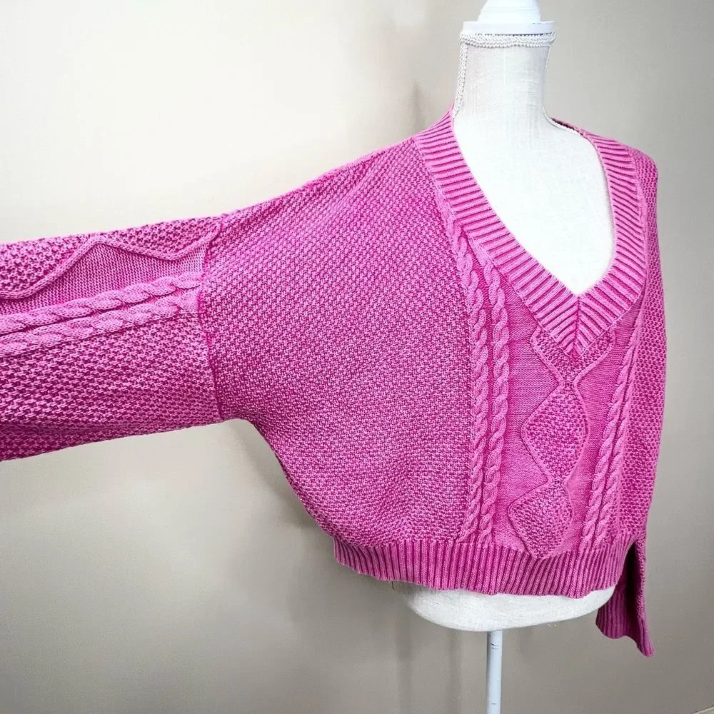 POL Mineral Washed Pink Cable Knit Relaxed Fit Sweater Medium